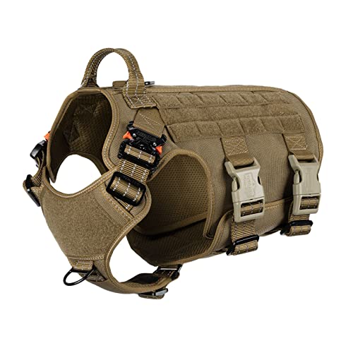 ICEFANG GN5 Tactical Dog Harness ,Hook and Loop Panels,Walking Training Work Dog MOLLE Vest with Handle,No Pulling Front Leash Clip,6 x Buckle (Large (Pack of 1), Reflective Brown)
