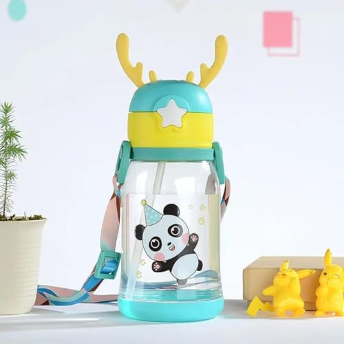 Garrafa Infantil de Água Alce Fofa Squeeze Infantil Com Canudo Com Alça Ideal Para Escola E Passeio