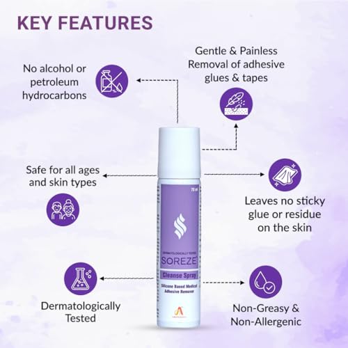 Image of Soreze Cleanse Medical Adhesive Remover Spray | Alcohol Free & Safe on Skin | No Sting and Painless | Quick Dry & Non Sticky Formula | Pack of 3 | 210ml