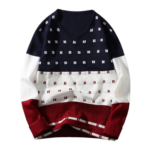 Men's V-Neck Collar Sweaters Long Sleeve Patchwork Winter Dot Patterned Sweater Korean Style Casual Pullovers2