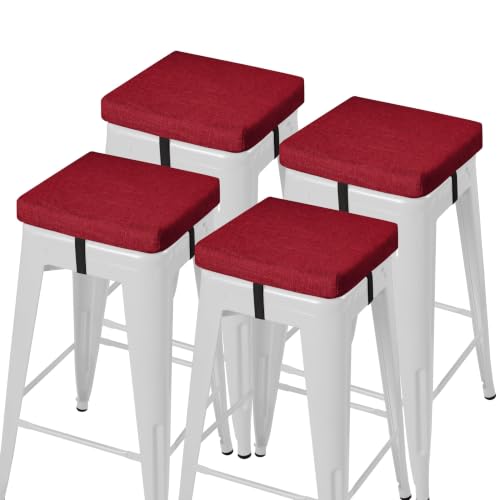 AddGrace Set di 4 cuscini antiscivolo per sgabello da bar, quadrati, con laccetti, con fodera lavabile in lavatrice, 30,5 x 30,5 x 5 cm (rosso)