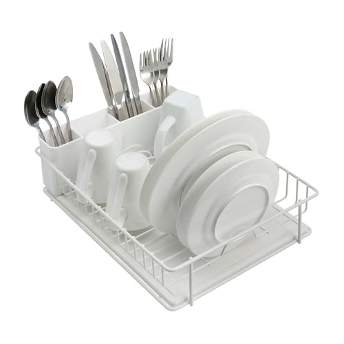 SunnyPoint 304 Stainless Steel Dish Drying Rack with Diatomaceous Earth Drainboard & Removable Utensil Caddy – Rust Resistant Countertop Dish Rack for Kitchen (White)