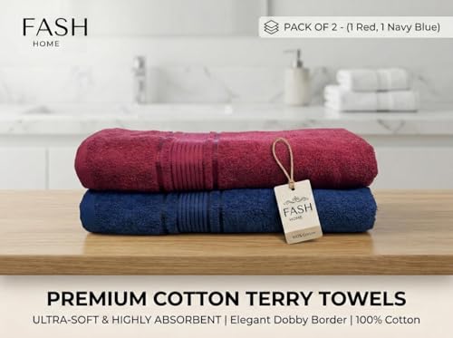 Image of Bath Towel Set of 2 | 380 GSM 100% Cotton Large Size Towels | Highly Absorbent, Quick Dry & Lightweight | Soft Bath Towels for Men & Women (Maroon & Navy Blue)