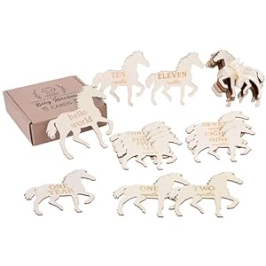 Sursurprise Baby Monthly Milestone Signs, Wooden Milestone Cards Discs Props, 13PCS Horse Themed Double Sided Hello World Newborn Markers 1-12 Months Baby Announcement Growth Milestones