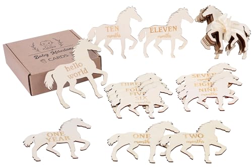 Sursurprise Baby Monthly Milestone Signs, Wooden Milestone Cards Discs Props, 13PCS Horse Themed Double Sided Hello World Newborn Markers 1-12 Months Baby Announcement Growth Milestones