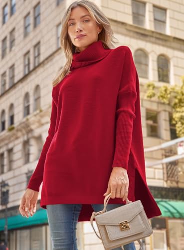 Image of LILLUSORY Women's Turtleneck Oversized Sweaters Long Batwing Sleeve Spilt Hem Tunic Pullover Knit Tops