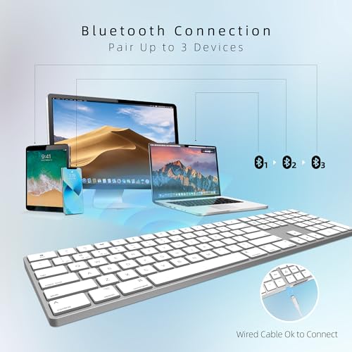 Image of Bluetooth Slim Keyboard for Mac, Aluminum Rechargeable Keyboard Wireless, Low-Profile Silent Flat Key Compatible with Apple iMac, MacBook, Mac and iOS, Full Size - Silver White