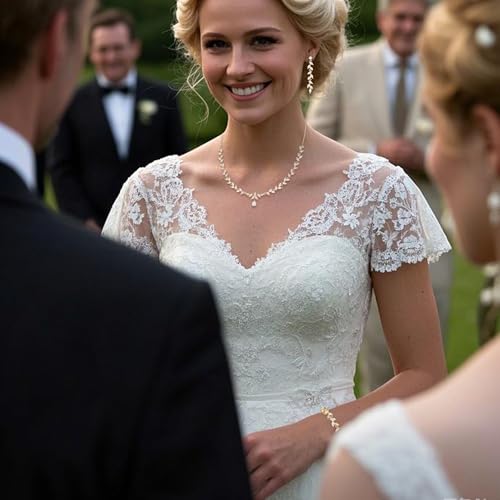 BriLove Wedding Bridal Jewelry for Women Cubic Zirconia Marquise Teardrop Leaf Cluster Y-Necklace Dangle Earrings Link Bracelet Set2