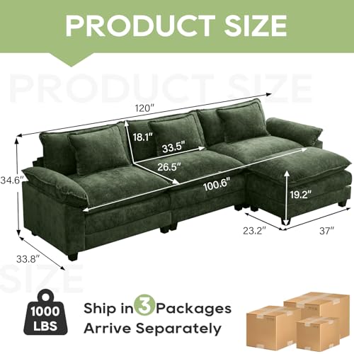 Image of Oprisen 120 inch Modular Sectional Sofa, Comfy Cloud Couch Sectional Sofa with Ottoman, Chenille Sofa Sleeper Deep Seat Sofa with Throw Pillows for Living Room (Green, 120 inch- L Shape)