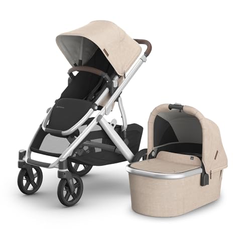 Image of UPPAbaby Vista V3 Stroller + Bassinet V3 - Convertible Single-to-Double Stroller System- Bassinet, Toddler Seat, Bug Shield, Rain Shield Included - Declan (Oat Mélange/Silver Frame/Chestnut Leather)