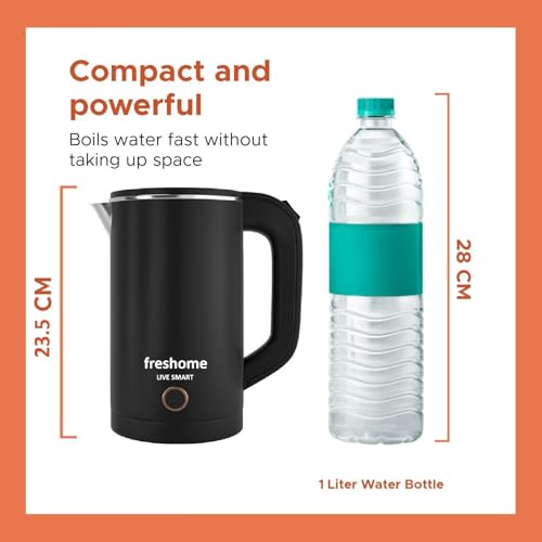 Image of FRESHOME Electric Kettle 1.5 Litre with 7-8 Cups | 1350W Stainless Steel Kettle with Double Wall & Cool Touch Body, 360 Swivel Base, Water Level Indicator, Auto Shut-Off & Overheat Protection (Black)