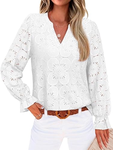 RUMIA Long Sleeve Shirts for Women Fall Fashion 2025 Eyelet Lace Tops Dressy Casual Blouses V Neck Embroidered Blouse Lining White Shirts M