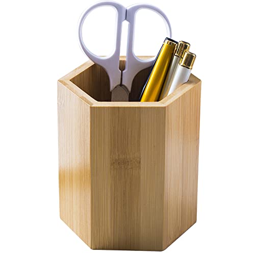 YOSCO Pot à crayons en bambou pour enfants - Pot à crayons hexagonal en bois - Organisateur de bureau pour pinceaux de maquillage Cover