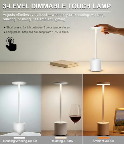Image of Swinerton White Rechargeable Cordless Table Lamps Set, 5000mAh Battery Powered Wireless Table Light, Portable LED Desk Lamp, 3 Color Dimmable Lighting for Restaurant Dining Patio Outdoor Bedroom