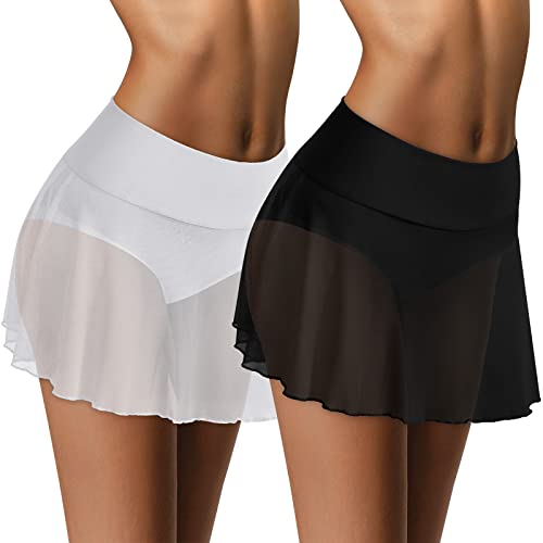 2 Pieces Women Sheer Mesh Mini Skirts Girls See Through Swim Cover Ups Swimsuit Beach Skirt Cover up High Waist Bikini Coverups for Summer