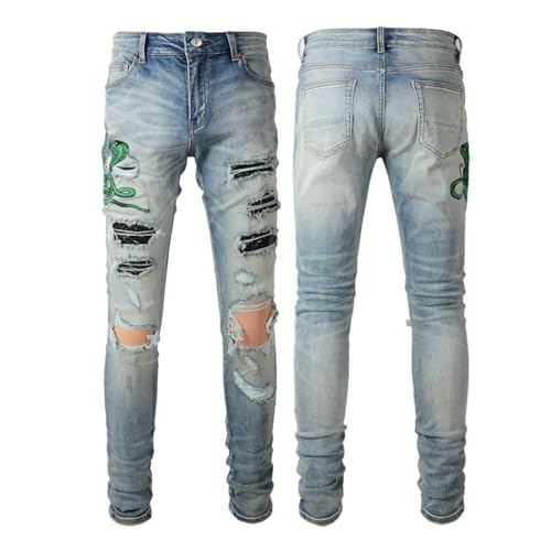 Jeans Pants Trouser Denim Ripped Distressed Hole Trendy Street Stretch Slim Fit Light Blue Embroidered Snake Pattern Small Straight Leg for Men(Light Blue,31)4