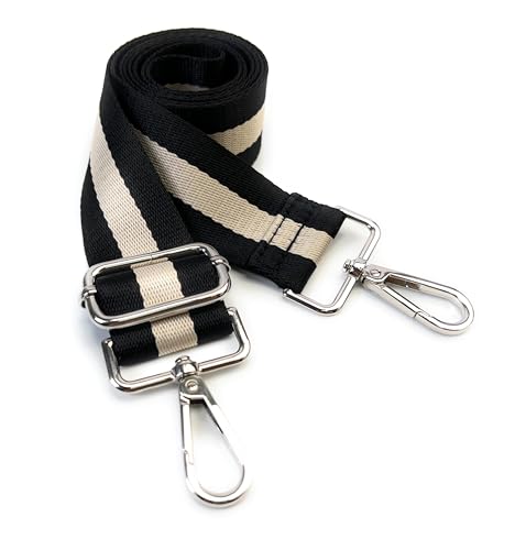 Image of Classic Black Beige Stripe Purse Strap with Silver Hardware 1-1 /2 Inch Wide Replacement Crossbody Guitar Style Shoulder Strap for Handbags Totes