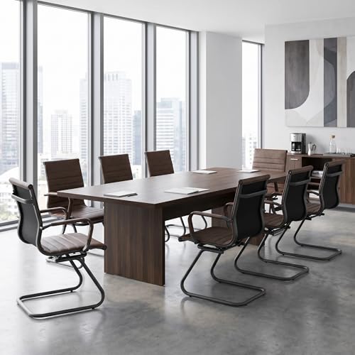Image of HNY Leather Office Guest Chairs & Reception Chairs Set of 8, Modern Waiting Room Chairs with Arms, Desk Chair no Wheels with Sled Base for Waiting Room /Conference Room, Retro Brown