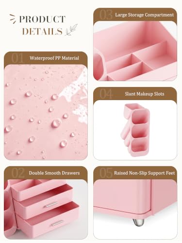 Pink Makeup Organizer with Drawer for Bathroom Countertop Dresser Desk use - image 2