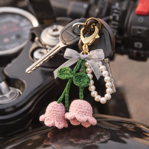 Image of Handmade Crochet Cherry Keychain for Girls & Women, Cute Pink Fruit Key Ring, Knitted Bag Charm for Purse, Backpack & Car Keys, Soft Yarn Handmade Gift, Aesthetic Accessory