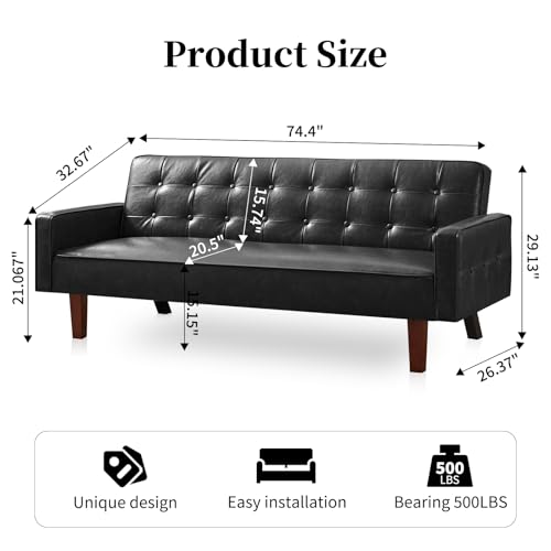 Image of Faux Leather Couch, Mid Century Modern Sofa with Memory Foam, Comfy 3 Seater Couch for Small Spaces, Living Room, Office, Black