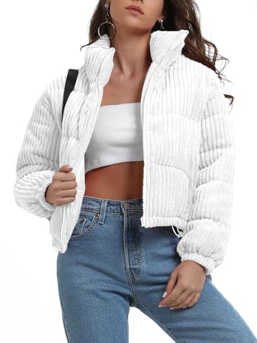 chouyatou Women Winter Warm Corduroy Puffer Jacket Quilted Down Zip Up Stand Collar Cropped Short Coats