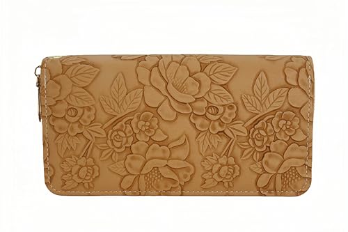 Women's flower embossed wallet, ultra-thin long zipper design, detachable wristband, large capacity phone bag, card bag, 7.67 x 3.93 inches camel color3