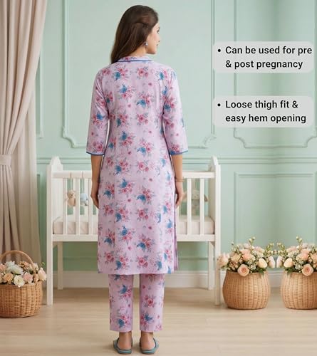 Image of DUMMY SHAPE Maternity Dresses for Women Cotton | Floral Kurta Pant Dupatta Set with Nursing Zippers, Side Pocket | Pre & Post Pregnancy | Feeding Kurti Suit | Baby Shower | Gifts for Pregnant Woman