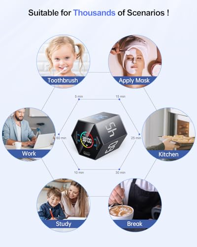 Ticktime Pomodoro Timer Cube Würfel, Sechseck Productivity Timer, Pause & Weiter, Leise, Vibration & Einstellbarer Alarm, für ADHS, Arbeit, 5/15/25/30/45/60min & Custom Countdown, Grau
