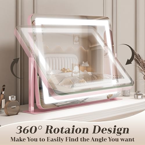 Image of ROLOVE 22x16 Inch Pink Vanity Mirror with Lights,Dimmable LED Lights,3 Color Modes, Smart Touch Control,10X Magnification,Light up Makeup Mirror for Desk, Gift for Teen Girls