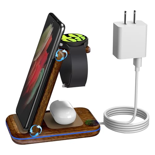 Image of Wireless Charger for Samsung /Android, HOLYJOY Foldable 3 in 1 Fast Charging Station /Stand /Multi Charger for Samsung S25 Ultra /S24 /Note 20, Travel Pad for Galaxy Watch 8 /7 /6 /5 /Active 2, for Buds(Wood)