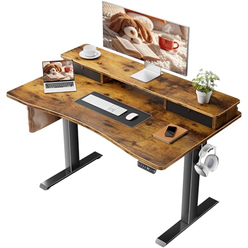 Image of Veken Standing Desk with 3 Drawers and Raised Storage Shelf, Electric Height Adjustable Sit Stand Table, Ergonomic Office Computer Desks for Workstation, Home, Study, Writing, Gaming, 47.2 Inch, Brown