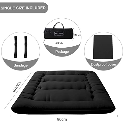 MAXYOYO Japanese Floor Mattress Futon Mattress, Thicken Tatami Mat Sleeping Pad Foldable Roll Up Mattress Dormitory Mattress Pad Floor Lounger Pillow Bed (Single, Black)