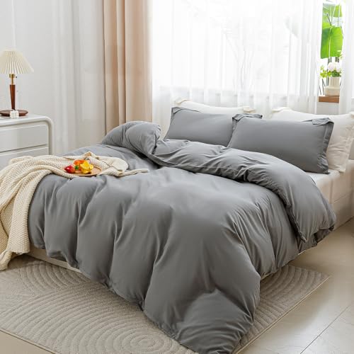 Image of SheRest Gray Duvet Cover Twin Size - Soft Brushed Microfiber, 1 Duvet Cover 68x90 Inches with Zipper Closure 8 Ties & 1 Pillow Sham, Breathable Bedding Set for All Season (No Comforter)