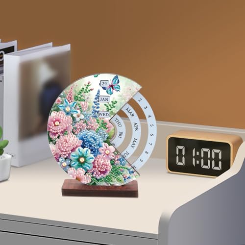 Image of AiYuanzsh DIY Diamond Art Tabletop Calendar Kit - 3D Wooden Perpetual Desk Ornament with Butterfly and Flower Design, Crystal Diamond Painting Desktop Decoration Gift