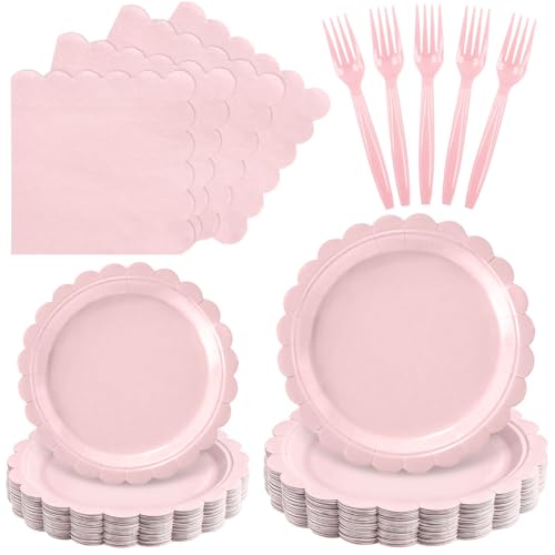 Oigco 100 Pcs Pink Plates and Napkins Disposable Light Pink Scalloped Paper Plates Napkins Forks for Wedding Bridal Shower Birthday Baby Shower Serves 25