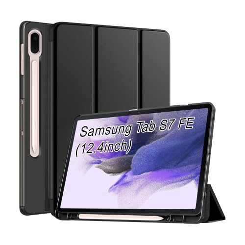 Image of CEDO Smart Case for Samsung Tab S7 FE (12.4 in) Tri-Fold Flip Folio Cover | Pencil Holder | Auto Wake-Up /Sleep Mode | Multi View Angles Stand TPU Backcover (Black)