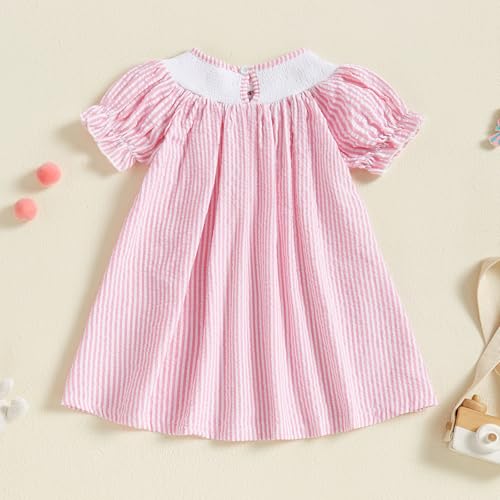 Aopwsrlyi Toddler Baby Girl Easter Outfit Cute Bunny Embroidery Smocked Bubble Romper Dress Puff Short Sleeves Bodysuit3