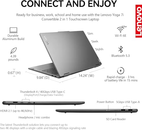 Image of Lenovo Yoga 7i 2 in 1 Laptop Touchscreen, 16 inch FHD+ 360 Foldable Touch Screen Convertible, Intel Core Ultra 7, Windows 11, 16GB DDR5 RAM 1TB SSD, Backlit 10-Key, Fingerprint