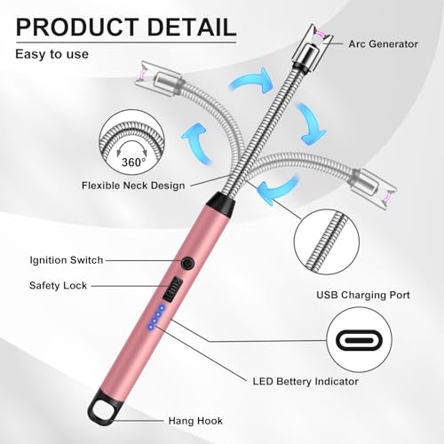 LcFun Candle Lighter with 360° Flexible Neck & Safety Lock, Windproof USB Rechargeable Electric Lighter Gift Sets, Flameless Arc Long Lighters Matches for Grill, BBQ, Camping, Fireplace, Stove