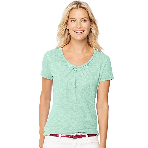 Hanes Women`s Short-Sleeve Shirred V-Neck Tee, 9333, S, Key Green Heather