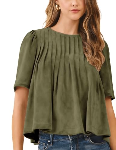 Lentta Womens Faux Suede Babydoll Tops Casual Crewneck Pleated Peplum Blouse Short Sleeve Flowy Pullover(ArmyGreen-S)