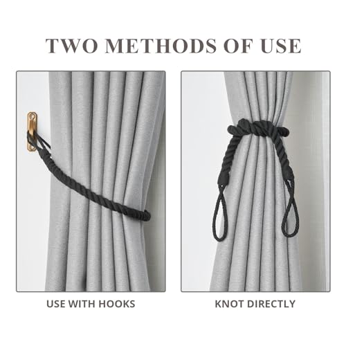 Pretty Jolly 2 Pack Natural Cotton Rope Curtain Tiebacks Boho Rustic Style Decorative Drape Tie Backs Elegant Hand-Woven Rope Curtain Holdbacks with Metal Hook for Home & Office Drapery (Cotton-Black) - Image 4