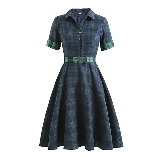 AYAZER Grün Blau Kariertes Vintage Damen Button Up Hemdkleid mit Gürtel Frühling Baumwolle Tunika Damen Elegantes Damen Midikleid-Kariertes...