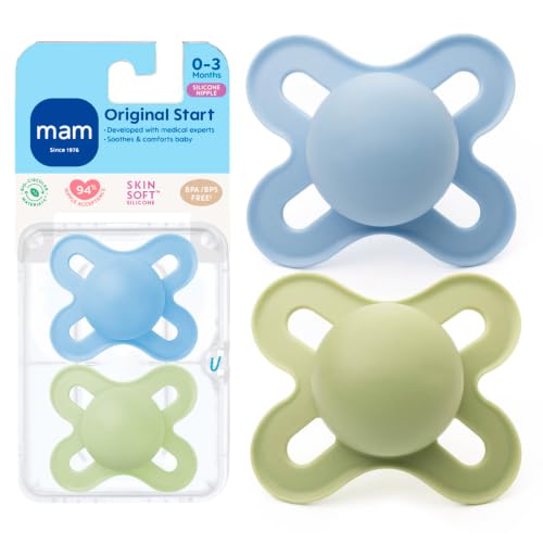 Image of MAM Original Start Baby Pacifiers 0-3 Mths Skin Soft Silicone, 2 Pack | Skin Soft Silicone Nipple, Developed With Medical Experts Specially For Smaller Newborn Mouths, BPA-Free, Made In Europe