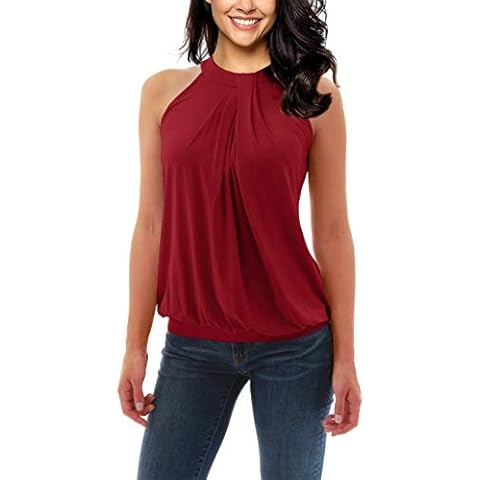 Yesfashion Women Sleeveless Halter Neck Pleated Tank Top Burgundy M Cover
