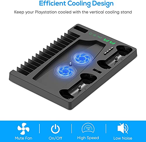 Image of New World Vertical Stand for PS5 Digital Edition and Disc Edition Console with Cooling Fan, Controller Charging Station and 15 Game Cards Slots and Headset Stand for PS5