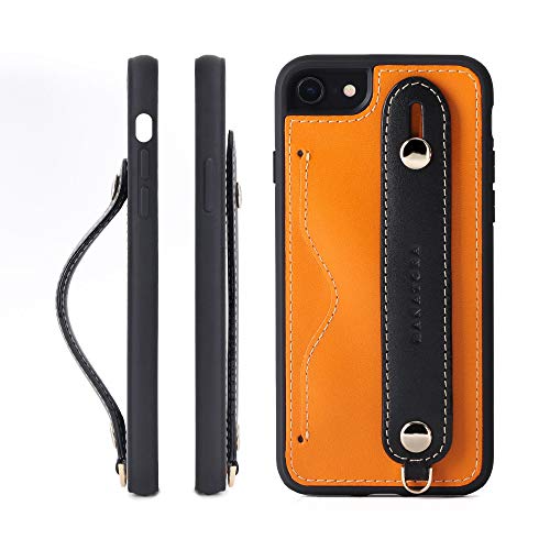 HANATORA iPhone SE3/SE2 /8/7 グリップケース レザー 本革 ストラップ付属 イタリア製牛革 ヌメ革 片手操作 カード収納 スタンド機能 メンズ レディース オレンジ/ブラック CGH-8SE-Orange-BK