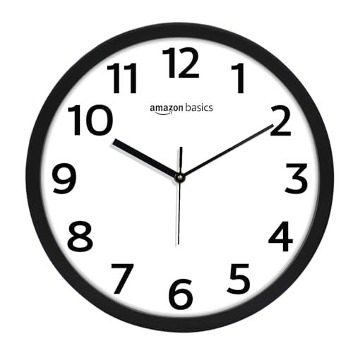 Image of Amazon Basics Plastic 12-Inch Wall Clock | Analog Operation | Durable Polypropylene Construction | Silent Precision | Battery-Powered | 1-Year Warranty (Black)