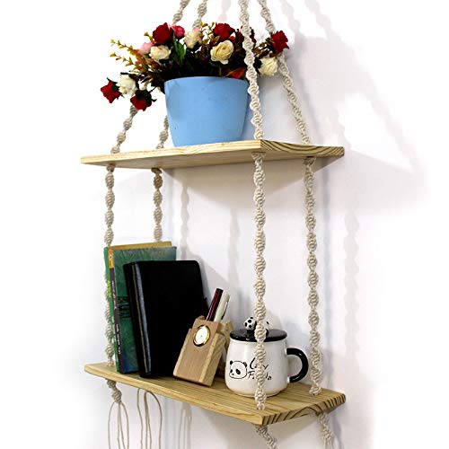 Image of VAH- Kya Bat Hai !! Macrame Wall Hanging, Real Pine Wood Storage Shelves Wall Shelf (2 Layer)